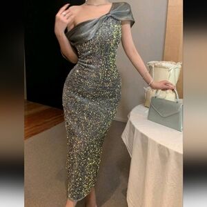 Sequin Bow Twist Accent Fitted Off Shoulder Party Dress For Women Prom Dres